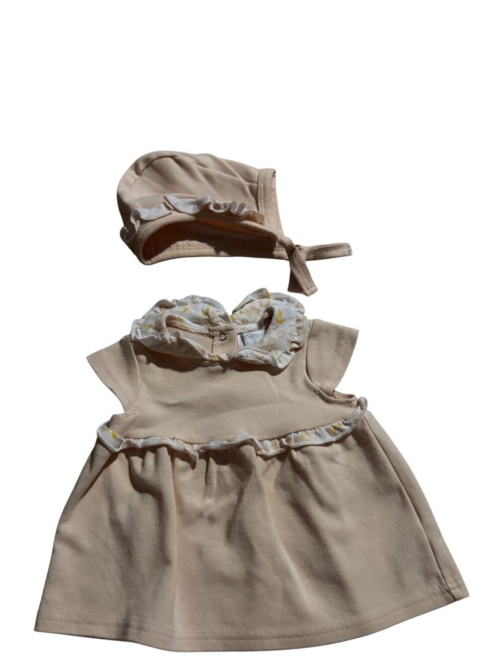 Catherine Malandrino Baby Girl Dress & Bonnet Set Size 0-3M Beige Pink Floral R